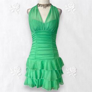 XOXO Early 2000's Frilly Fairy Green Silver Glitter Vampy Mini Halter Dress S